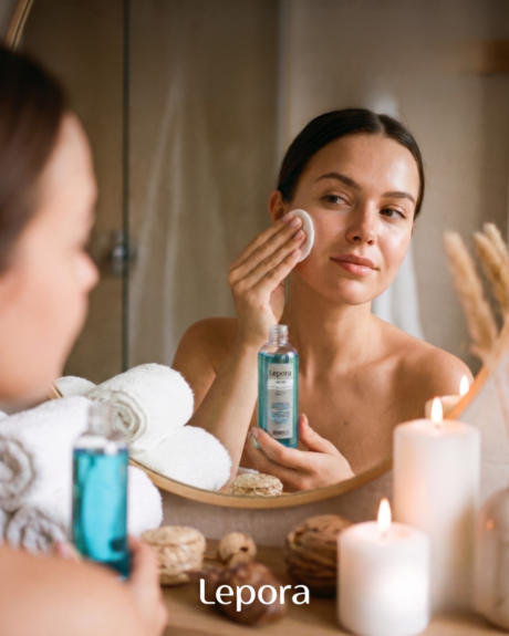 women cleaning face with snail tonic